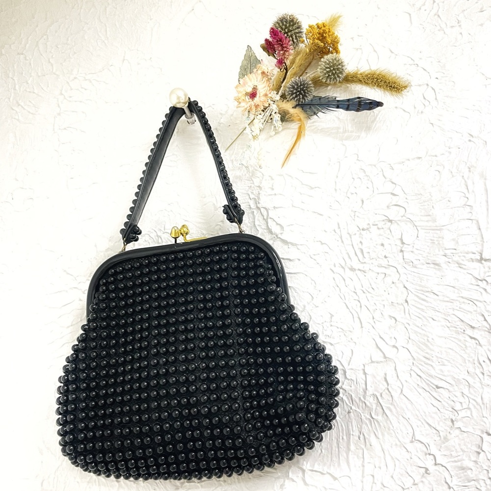 Vintage 1960’s, black beaded purse with gold accents, kiss clasp and side pocket